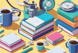 How Hard Is Nursing School? - A stack of thick textbooks surrounded by medical equipment and a stethoscope, with a calendar marked with deadlines and a coffee mug