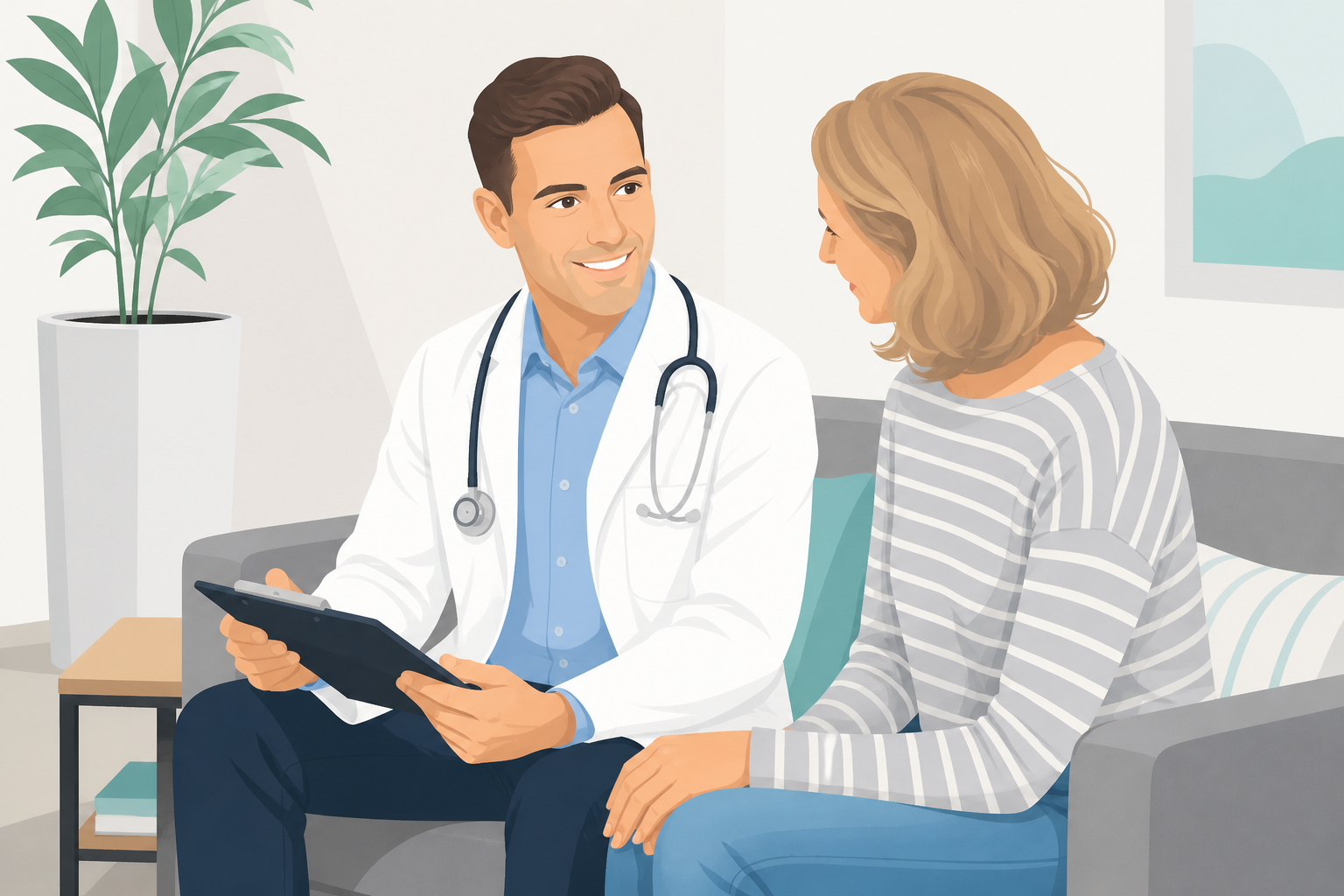 Physician assistant consulting with a patient in a clinic